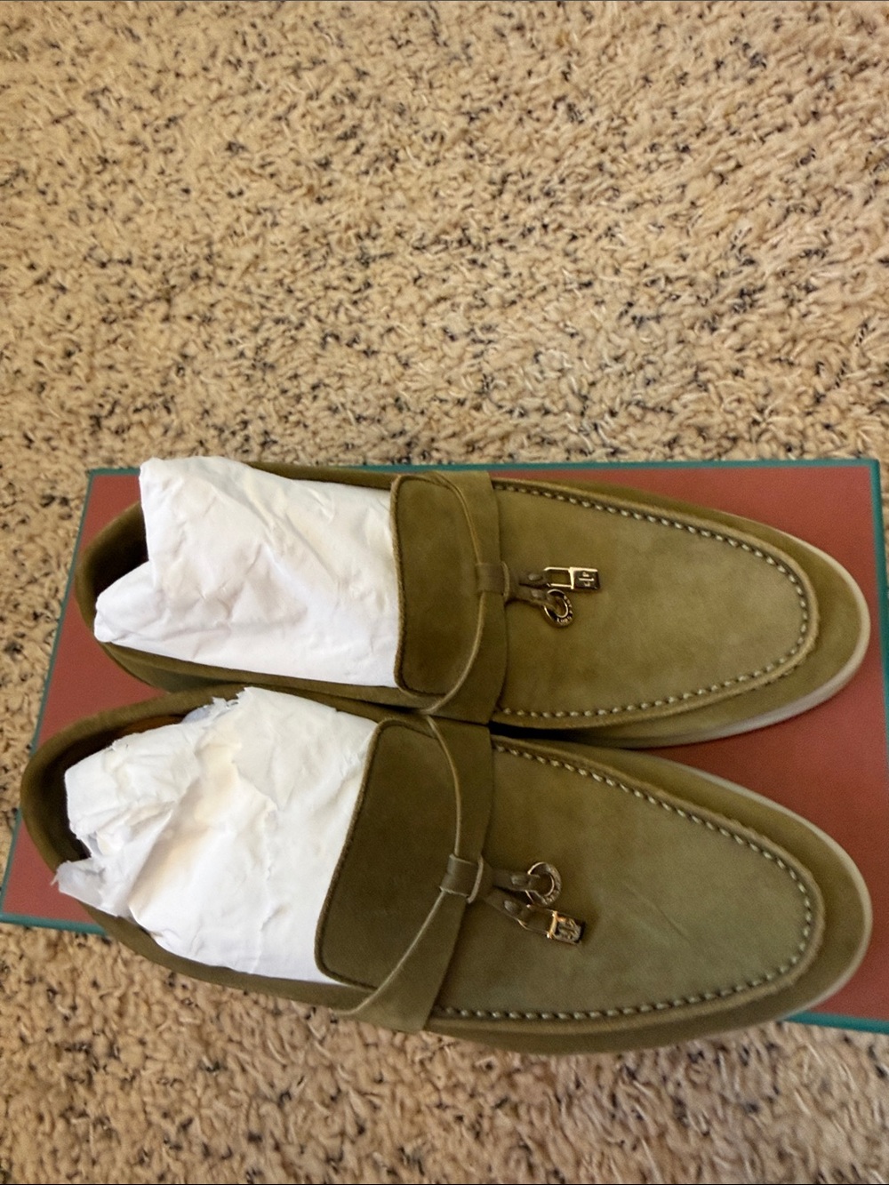 Loro Piana Olive Suede Slip-On Loafers with Decorative Hardware - Picture 6 of 10